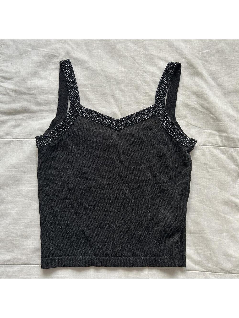 Jesiré Black Beaded Knit Tank Top Sweetheart Neck Size Small Y2K